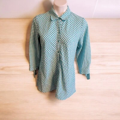 Camisa Top Susan Graver Hilado Teñido Guinga Botón Frontal Verde/Blanco Cuadros Arcos 6 Foto 1 de 4