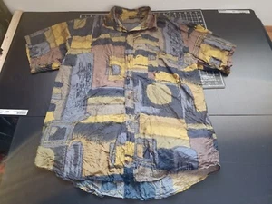 Vtg PURE Silk Men's Shirt Large geometric Print MISSING BUTTON CHECK PICTURES - Picture 1 of 12
