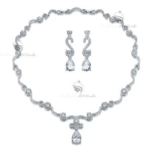 18k white gold made with SWAROVSKI crystal earrings necklace party wedding set - Picture 1 of 8
