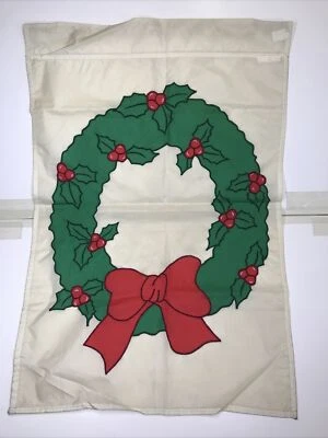 Vtg Yard Garden House Flag￼ Christmas Holly Wreath Red Green Embroidered 28x40 - Image 1 of 4