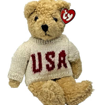TY BABY CURLY USA SWEATER VTG LIGHT 12" BROWN BEAR STUFFED ANIMAL 1992 - Image 1 of 4