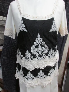 ""BLACK & IVORY TANK TOP"" - BOHO STYLE - LACE & EMBROIDERY -M- SHORELINE - Picture 1 of 4