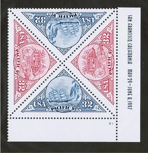 US USA Sc# 3131a MNH FVF PLATE # BLOCK of 4 Pacific 97 Sailing Ship - Picture 1 of 1
