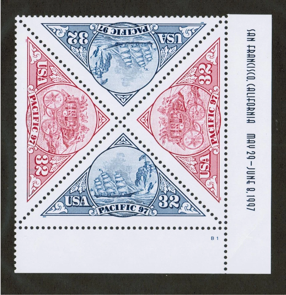 US USA Sc# 3131a MNH FVF PLATE # BLOCK of 4 Pacific 97 Sailing Ship - Image 1 of 1