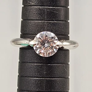 Crystal Solitaire Ring Silver Tone Band Colorless Rhinestone Size 8.25 - Picture 1 of 8