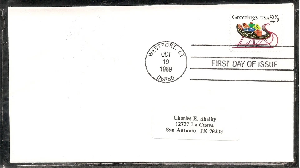 US SC# 2428 Christmas 1989 -Sleigh with Presents- FDC. No Cachet. - Image 1 of 1