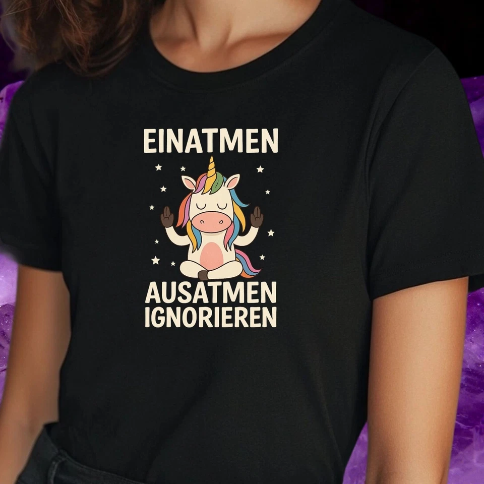 T-Shirt Frauen Einatmen Ausatmen Einhorn Motiv Baumwolle Größe S bis 3XL - Bild 1 von 1