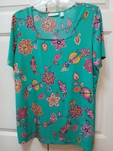 Susan Graver Shirt Top L grün W rosa gelb Blumenmuster eckiger Ausschnitt kurz Sl - Bild 1 von 4