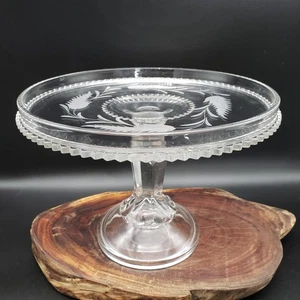 Vintage Etched Glass Pedestal Cake Stand 9" Sawtooth Edge Leaf Wreath Pattern - Picture 1 of 10