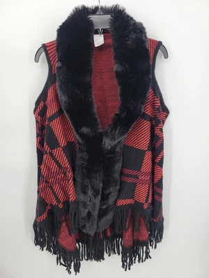 Northern Angel Vest Womens S/M Red Black Plaid Faux Fur Trim Fringe - Image 1 of 4