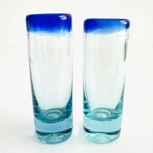 Set Of 2 Handblown Mexican Tequila Shot Glasses Aqua with Cobalt Blue Rim - Picture 1 of 4