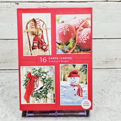 Hallmark Christmas Greeting Card Box Set 16 Cards 4 Designs White Glitter Red - Image 1 of 4