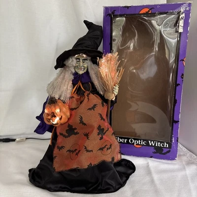 Vassoura bruxa abóbora fibra óptica Halloween 13"" vintage funciona  - Imagem 1 de 4