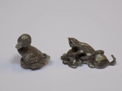 Spoontiques Vintage Miniatura Peltre Pato Patito Pequeño Lote Set Cuteri Perro Gato Foto 1 de 3