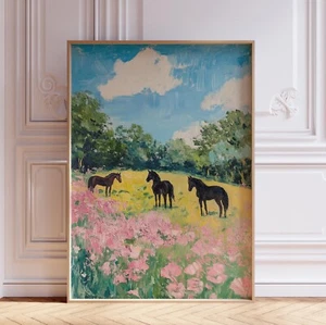 Colorful Pink and Blue Watercolor Western Cowgirl Horse Wall Art Print Poster - Picture 1 of 5