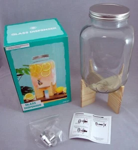 Clear Glass 1 Gallon Drink Dispenser w/ Spigot & Wood Stand Lemonade Tea Punch - Picture 1 of 12