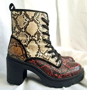 Snake Print Multi Color Chunk Heel Platform Combat Boot Bamboo Size 9 - Picture 1 of 13