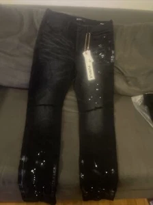 Purple Brand Jeans 32 Men Black Cow Leather Patch Paint Splatter 32x33 - Picture 1 of 21