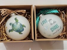 Christmas Coastal Turtle Starfish White Green Glass Christmas Ornaments 4.5"