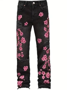 Pantalones de mezclilla rasgados florales informales para hombre rosa flor bordado floral ropa de calle sueltos - Imagen 1 de 8