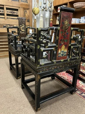 Black Lacquer Decorated Chinese Chair 1 Available - Image 1 of 3