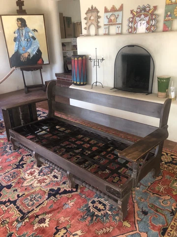 Antique Monterey wing back couch in original Old Wood Finish Cover