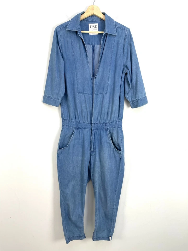 Macacão feminino ONE TEASPOON pequeno cambraia corte zíper bainha mangas 3/4 - Imagem 1 de 4