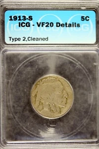 1913 - S ICG VF20 DETAILS T2 (CLEANED) Buffalo Nickel!! #B19356 - Picture 1 of 2