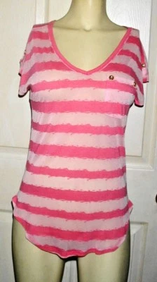 NWT Juniors M Eye Candy Pink Stripe Long Casual TOP Gold Accents Free Ship - Image 1 of 4