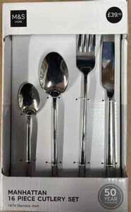m&s manhattan 16 piece cutlery spoon fork tea spoons 4person set stainless steel - Picture 1 of 6