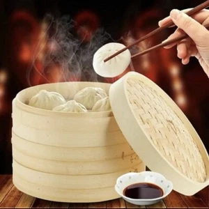 2 Tier Bamboo Steamer Basket-Set 10" Diameter Fish Meat Rice Dim Sum Healthy - Picture 1 of 15