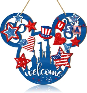 4Th of July Door Sign Mouse Shaped Decorations, Patriotic Stars USA Wooden Signs - Picture 1 of 11