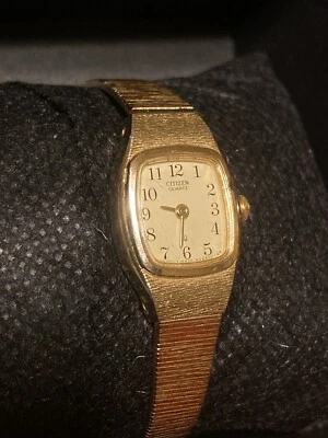 RARE 1980s GOLD Plated CITIZEN Women’s 18MM CUFF Bracelet Tank Watch NEW Battery - image 1 of 4