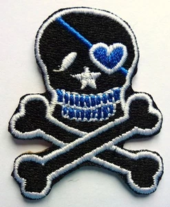 MINI SKULL & CROSSBONES - SEW ON BIKER MOTORCYCLE PATCH 50mm by 36mm - Picture 1 of 1