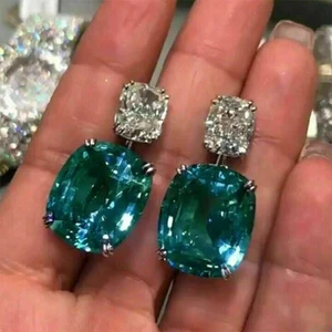 4.50Ct Cushion Simulated London Topaz Drop Dangle Earrings 14K White Gold Plated - Picture 1 of 6