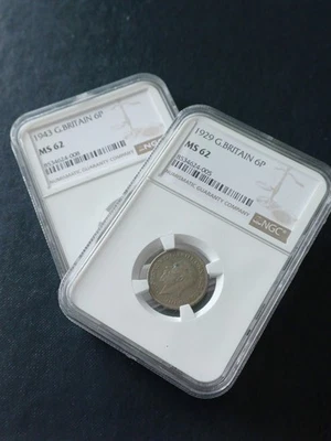 GREAT BRITAIN - GEORGE V & VI - 1929 & 1943 SILVER 6 PENCE COINS - NGC MS 62 - Image 1 of 4