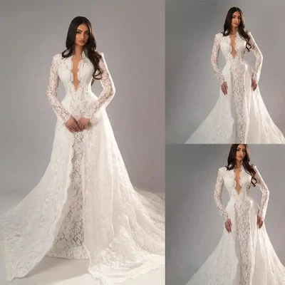 Mermaid Wedding Dress V Neck Long Sleeve Lace Bride with Detachable Sweep Train - Image 1 of 4