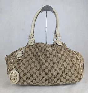 GUCCI GG Canvas Sukey Canvas Embossed Leather Beige/White Shoulder Made in Italy - Picture 1 of 16