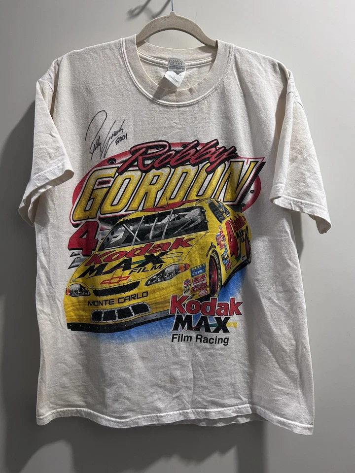 Винтажная мужская футболка NASCAR Robby Gordon Kodak No4 большой размер 2001 с автографом AOP - Изображение 1 из 4