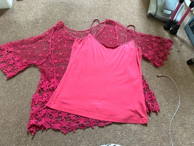 Two Piece Summer Pink Camisole & Off Shoulder Lace Top Size 14 - Image 1 of 4