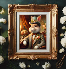 Brown Victorian Bunny Rabbit Top hat Easter Spring flowersTea Vintage oil print