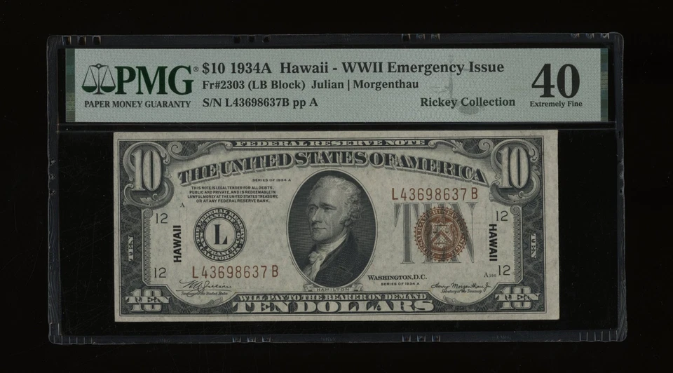 DBR 1934-A $10 FRN Hawaii LB Block Fr. 2303 PMG XF-40 Serial L43698637B - Image 1 of 2