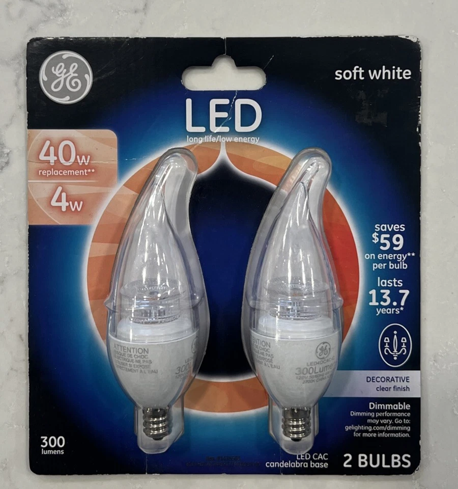 2 Pack GE LED 40w (4w) Decorative Clear Finish CAC Candelabra Base Soft White - Image 1 of 2