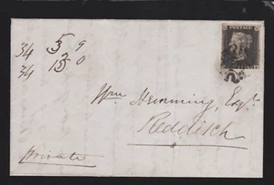 QV GB SG1/3 1d Penny Black Cover to Redditch Birmingham Black Maltese Cross MX - Picture 1 of 4