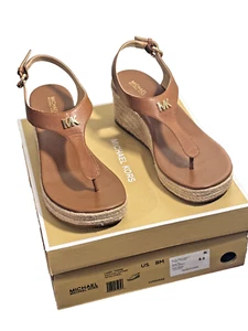Michael Kors Laney thong saffiano leather brown wedge sandal-Sz 8M-NIB - Picture 1 of 21