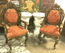 Vintage Gilted Armchair Pair Old World Rustic Hand Carved Floral Sofa Chairs 