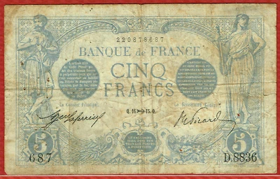 BANQUE DE FRANCE {SAGITTARIUS} 16.11.1915 5 FRANCS (PICK#70) VG/F - Image 1 of 2