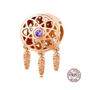 NEW S925 Rose Gold Dreamcatcher Charm Bracelet Dangle Pendant & Purple CZ Bead