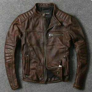 Herren Motorrad Biker Vintage Cafe Racer Distressed Schwarz Echt Leder Jacke - Bild 1 von 3