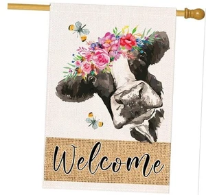 Spring Cow House Flag 28 x 40 Inch Welcome Floral Decorative Double Sided - Picture 1 of 6